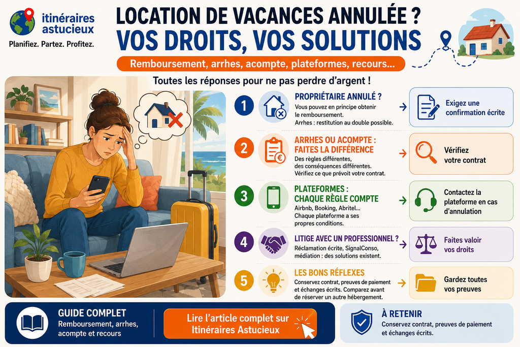 Infographie sur les droits et recours en cas de location de vacances annulée