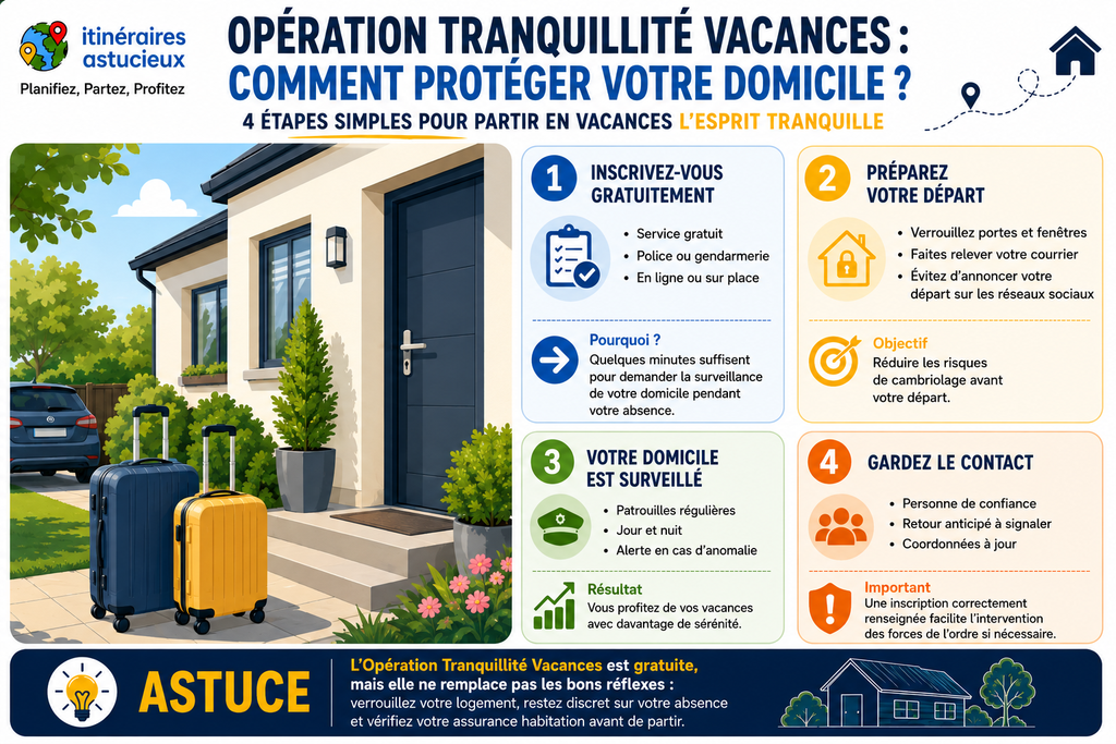 Infographie des 4 étapes de l'Opération Tranquillité Vacances pour protéger son domicile avant un départ en vacances