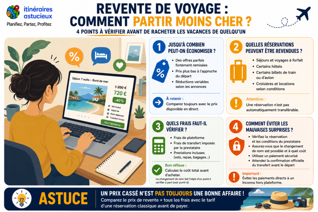 Infographie sur la revente de voyage avec 4 vérifications à faire avant de racheter les vacances de quelqu’un moins cher