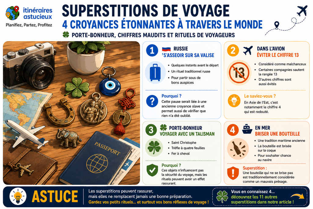Infographie sur 4 superstitions de voyage à travers le monde