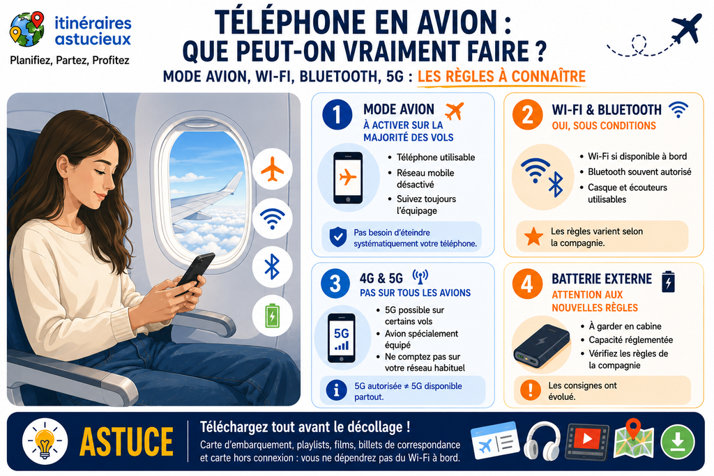 Infographie sur l'utilisation du téléphone en avion : mode avion, Wi-Fi, Bluetooth, 5G et batterie externe