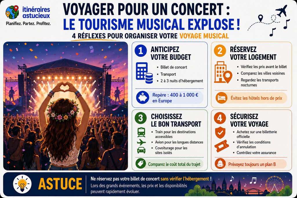Infographie avec 4 conseils pour organiser un voyage pour un concert ou un festival