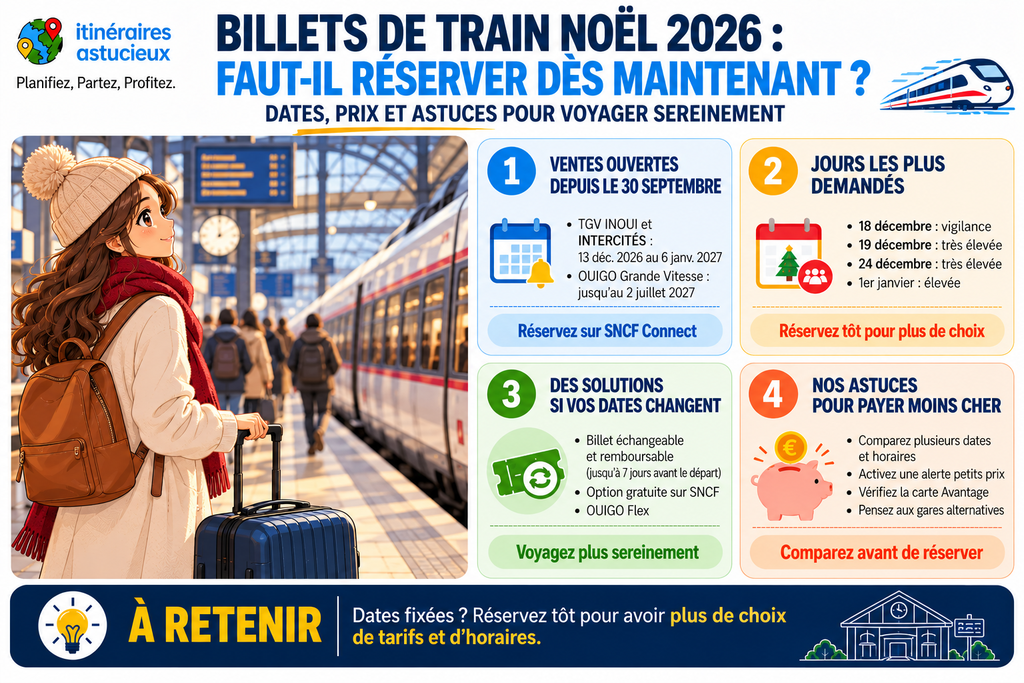 Infographie sur les billets de train Noël 2026 avec dates de réservation SNCF et conseils pour payer moins cher