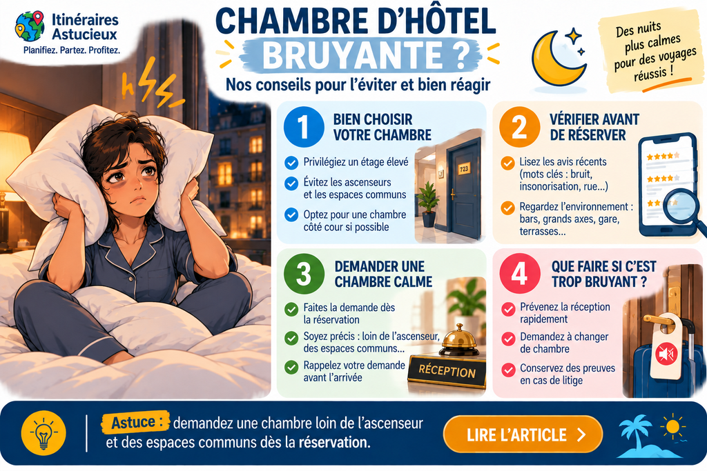 Infographie avec conseils pour éviter une chambre d’hôtel bruyante et choisir une chambre calme