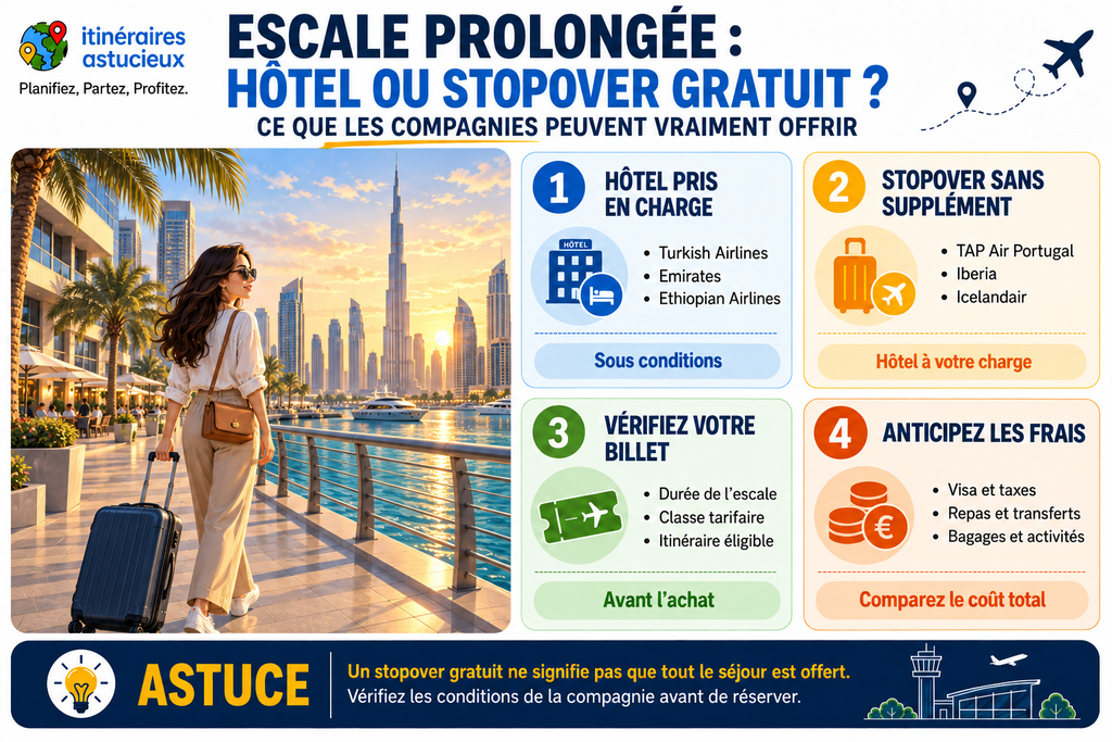 Infographie comparant les compagnies proposant un hôtel pris en charge ou un stopover sans supplément pendant une escale prolongée.