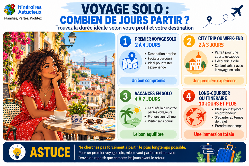 Infographie sur la durée idéale d’un voyage solo selon le type de séjour