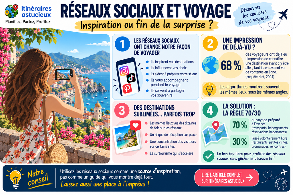 Infographie sur les réseaux sociaux et le voyage avec la règle 70/30 pour préserver l’effet de surprise