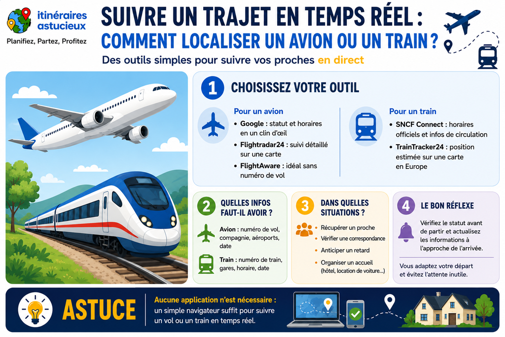 Infographie pour suivre un trajet en temps réel en avion ou en train