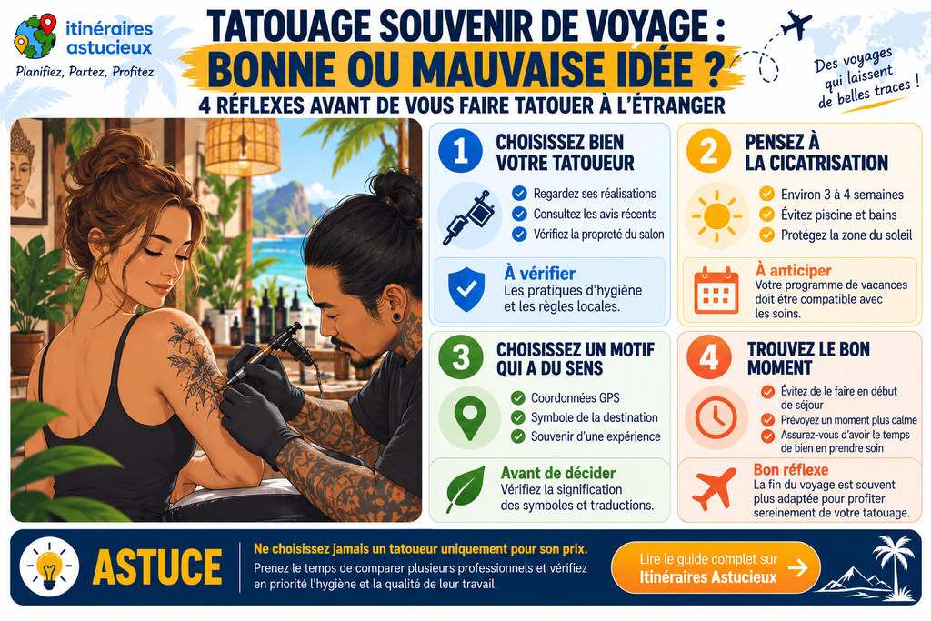 Infographie des 4 conseils avant de faire un tatouage souvenir de voyage à l'étranger