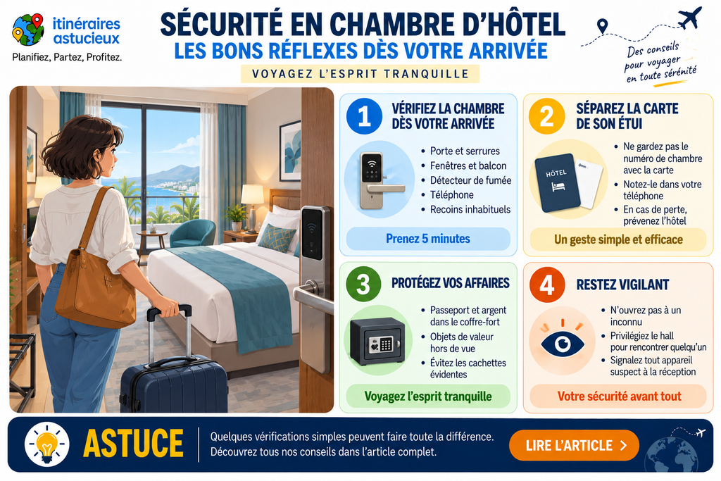 Infographie des bons réflexes pour la sécurité dans une chambre d’hôtel dès l’arrivée