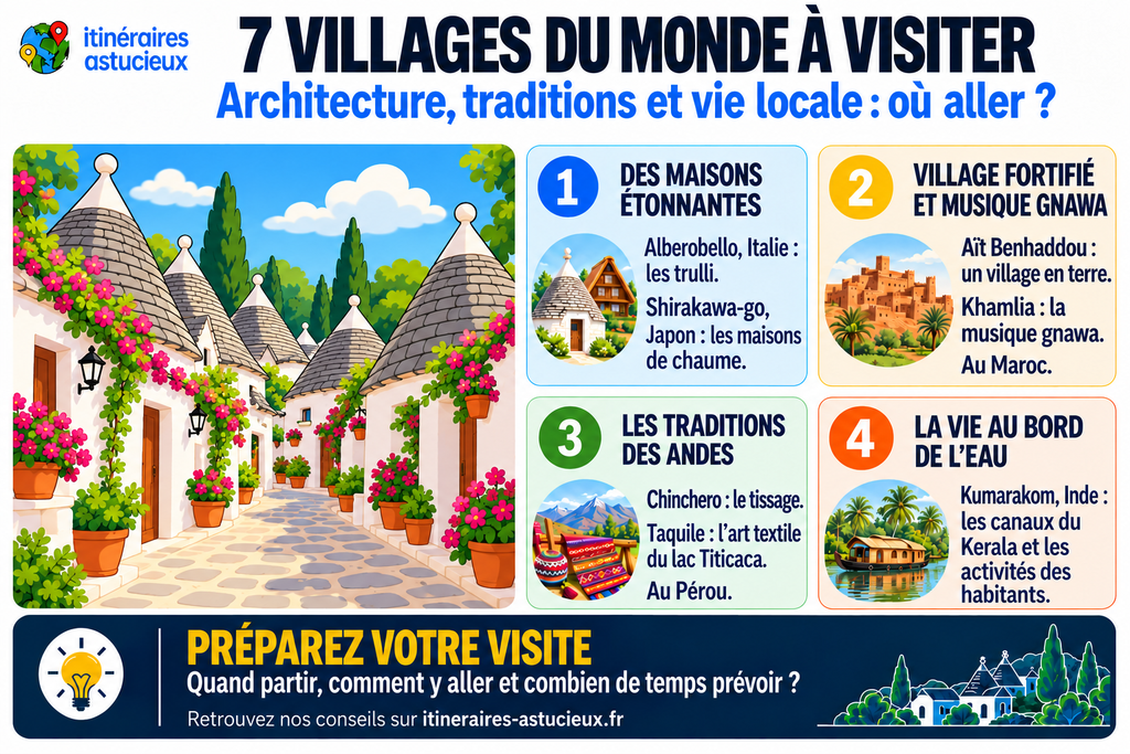 Infographie présentant 7 villages du monde à visiter en Italie, au Japon, au Maroc, au Pérou et en Inde, entre architecture traditionnelle, artisanat et vie locale.