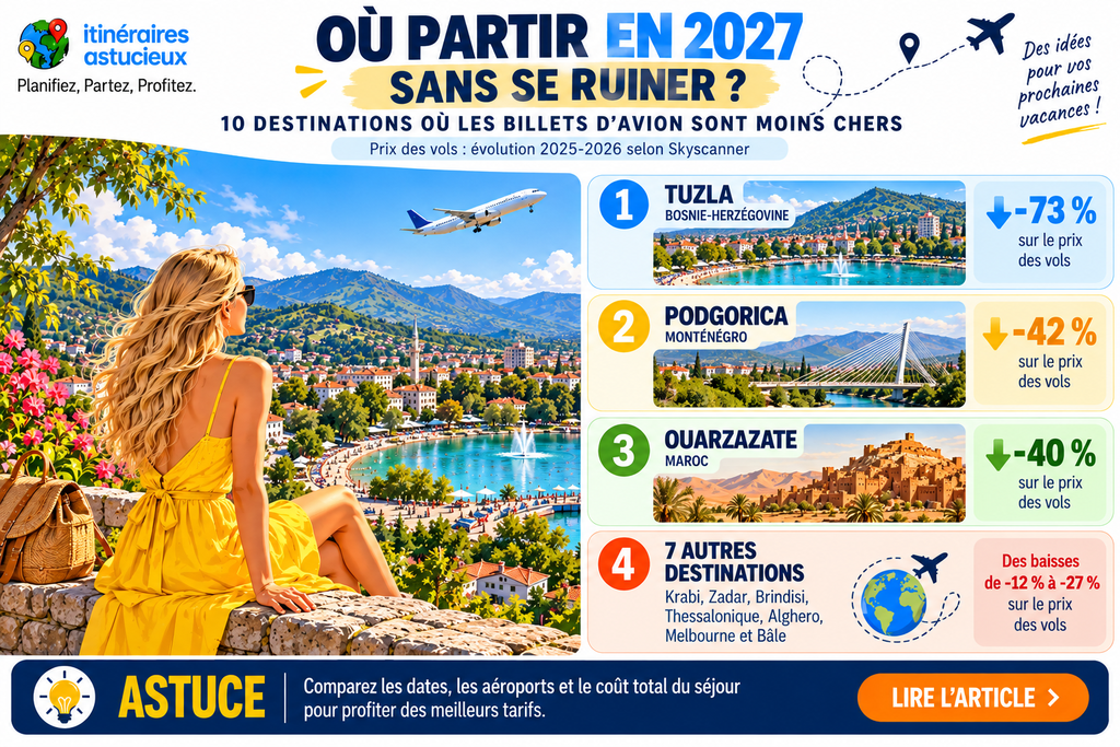 Infographie des 10 destinations où les billets d’avion ont baissé entre 2025 et 2026, dont Tuzla (-73 %), Podgorica (-42 %) et Ouarzazate (-40 %)