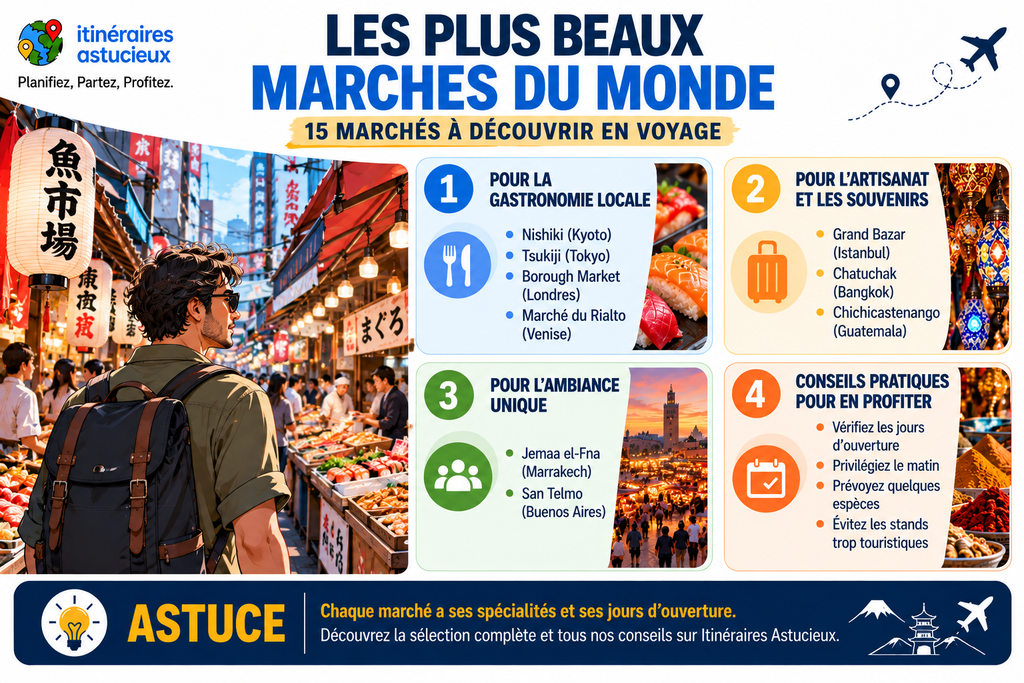 Infographie des plus beaux marchés du monde à visiter selon la gastronomie, l'artisanat et l'ambiance