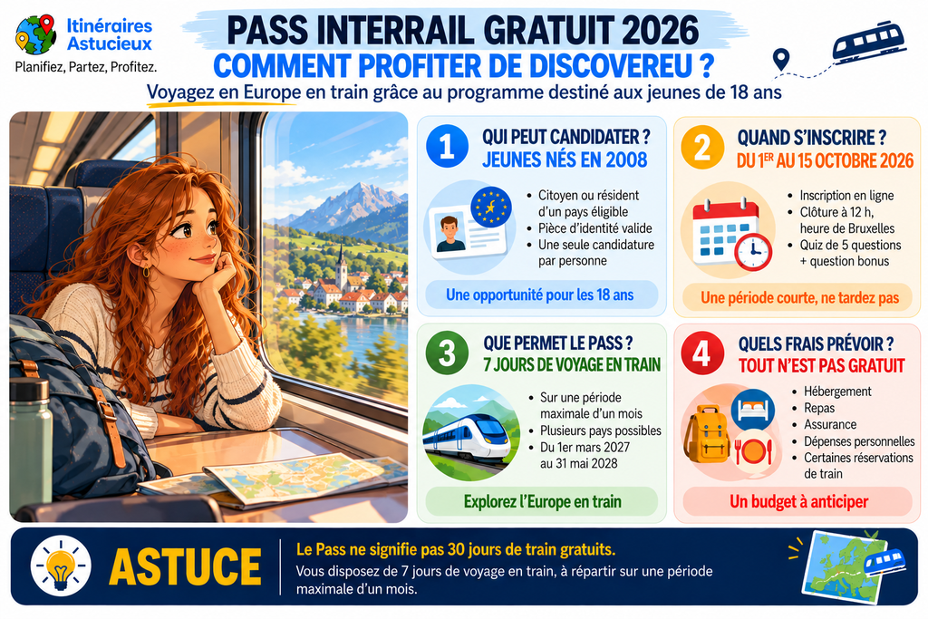 Infographie Pass Interrail gratuit 2026 : conditions, dates et fonctionnement de DiscoverEU