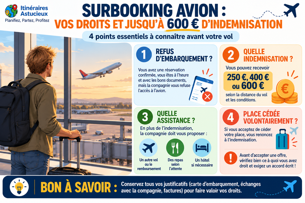 Infographie sur les droits des passagers en cas de surbooking avion, avec les indemnisations de 250 à 600 €, l'assistance et les précautions à prendre.