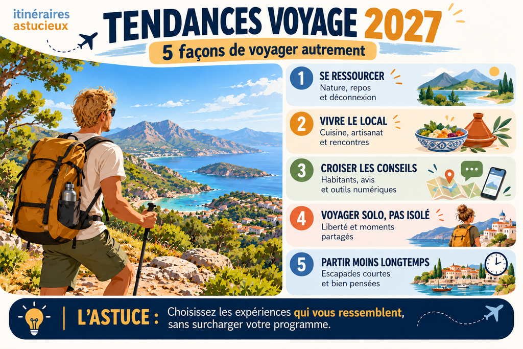 Infographie des 5 tendances voyage 2027 : bien-être, expériences locales, recommandations, voyage solo et courts séjours, illustrée par un randonneur blond.