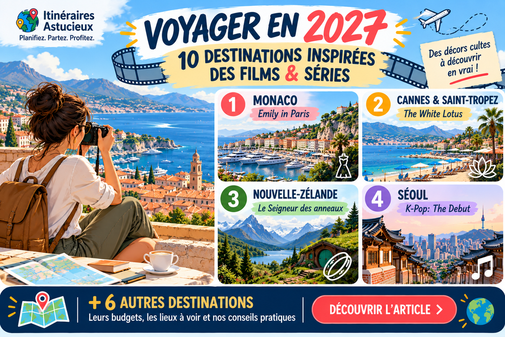 Infographie des destinations inspirées des films et séries en 2027 : Monaco, Cannes, Saint-Tropez, Nouvelle-Zélande et Séoul.